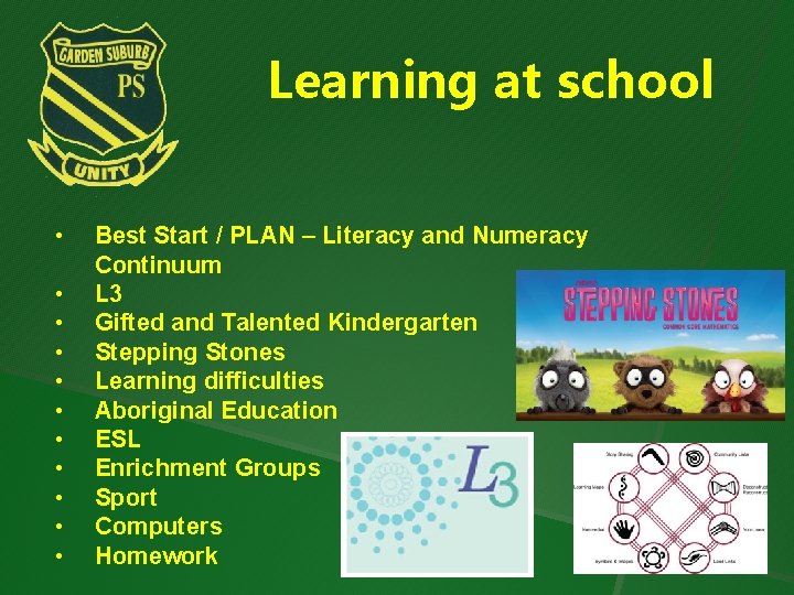 Learning at school • • • Best Start / PLAN – Literacy and Numeracy