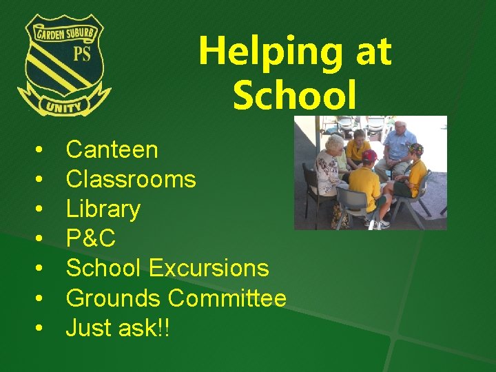 Helping at School • • Canteen Classrooms Library P&C School Excursions Grounds Committee Just