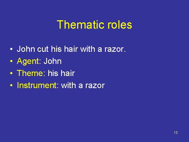 Thematic roles • • John cut his hair with a razor. Agent: John Theme: