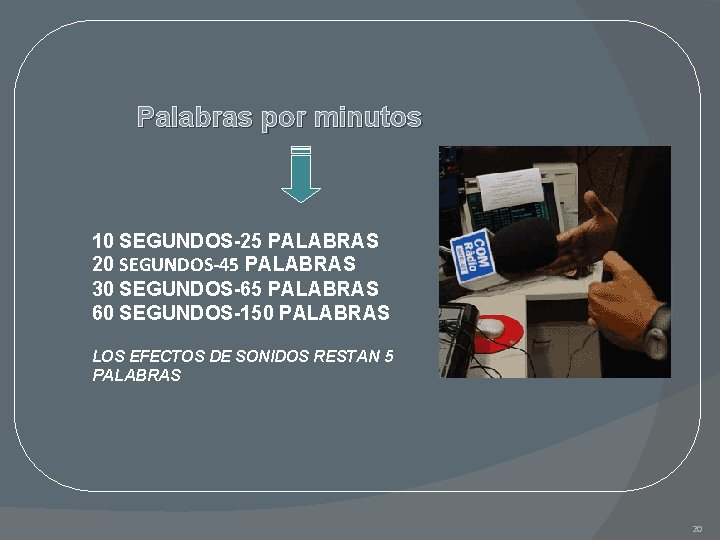 Palabras por minutos 10 SEGUNDOS-25 PALABRAS 20 SEGUNDOS-45 PALABRAS 30 SEGUNDOS-65 PALABRAS 60 SEGUNDOS-150