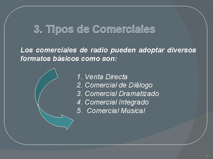 3. Tipos de Comerciales Los comerciales de radio pueden adoptar diversos formatos básicos como