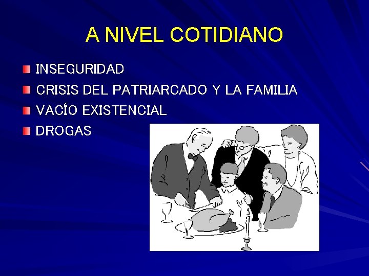 A NIVEL COTIDIANO INSEGURIDAD CRISIS DEL PATRIARCADO Y LA FAMILIA VACÍO EXISTENCIAL DROGAS 