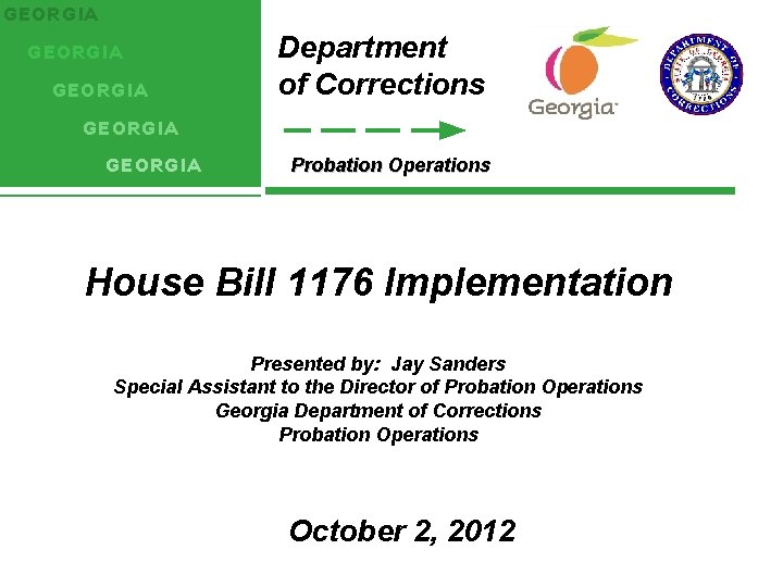GEORGIA Department of Corrections GEORGIA Probation Operations House Bill 1176 Implementation Presented by: Jay