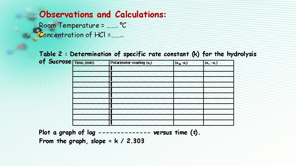 Observations and Calculations: Room Temperature = ……. °C Concentration of HCl =……. . Table