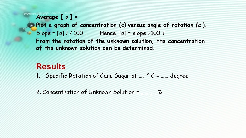 Average [ α ] = Plot a graph of concentration (c) versus angle of