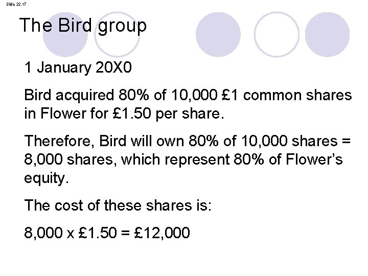 Slide 22. 17 The Bird group 1 January 20 X 0 Bird acquired 80%