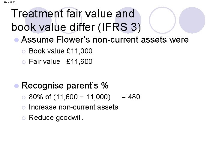 Slide 22. 23 Treatment fair value and book value differ (IFRS 3) l Assume