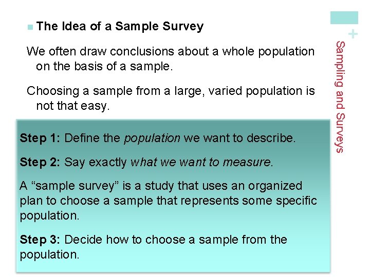 Idea of a Sample Survey Choosing a sample from a large, varied population is