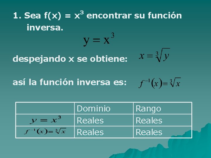 1. Sea f(x) = x 3 encontrar su función inversa. despejando x se obtiene: