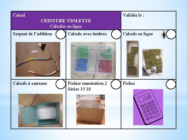 Calcul Validée le : CEINTURE VIOLETTE Calculer en ligne Serpent de l’addition Calculs avec