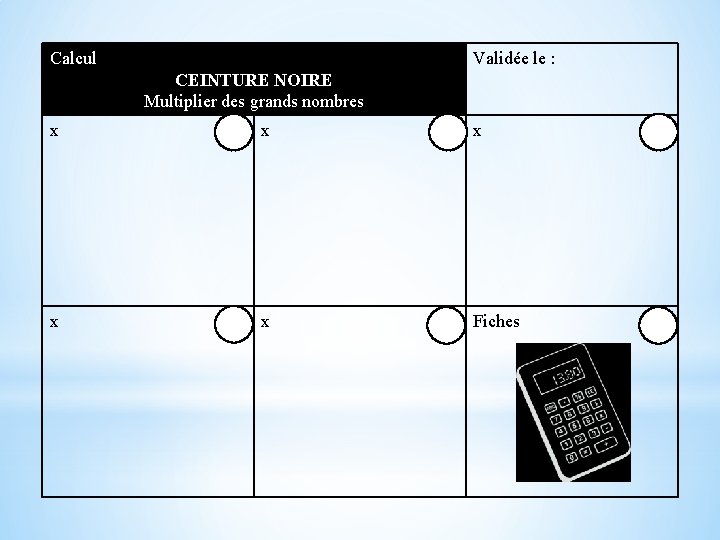 Calcul Validée le : CEINTURE NOIRE Multiplier des grands nombres x x x Fiches