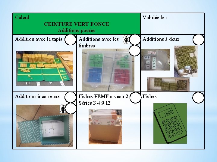 Calcul Validée le : CEINTURE VERT FONCE Additions posées Addition avec le tapis Additions