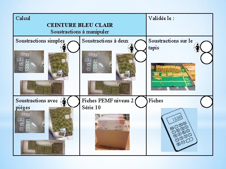 Calcul Validée le : CEINTURE BLEU CLAIR Soustractions à manipuler Soustractions simples Soustractions à