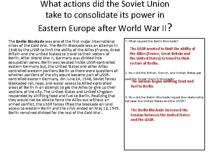 What actions did the Soviet Union take to consolidate its power in Eastern Europe