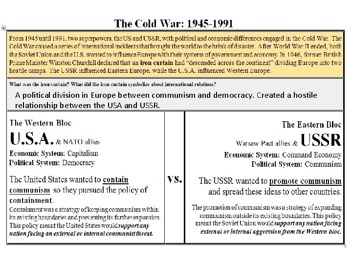 A political division in Europe between communism and democracy. Created a hostile relationship between