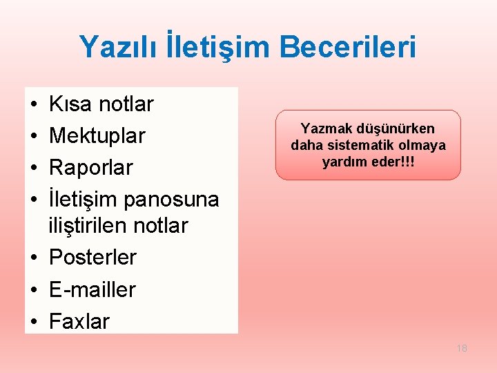 Yazılı İletişim Becerileri • • Kısa notlar Mektuplar Raporlar İletişim panosuna iliştirilen notlar •