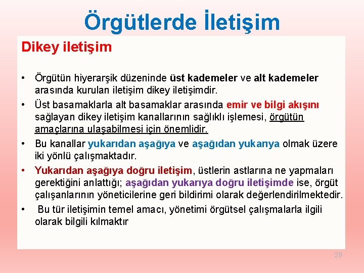 Örgütlerde İletişim Dikey iletişim • Örgütün hiyerarşik düzeninde üst kademeler ve alt kademeler arasında