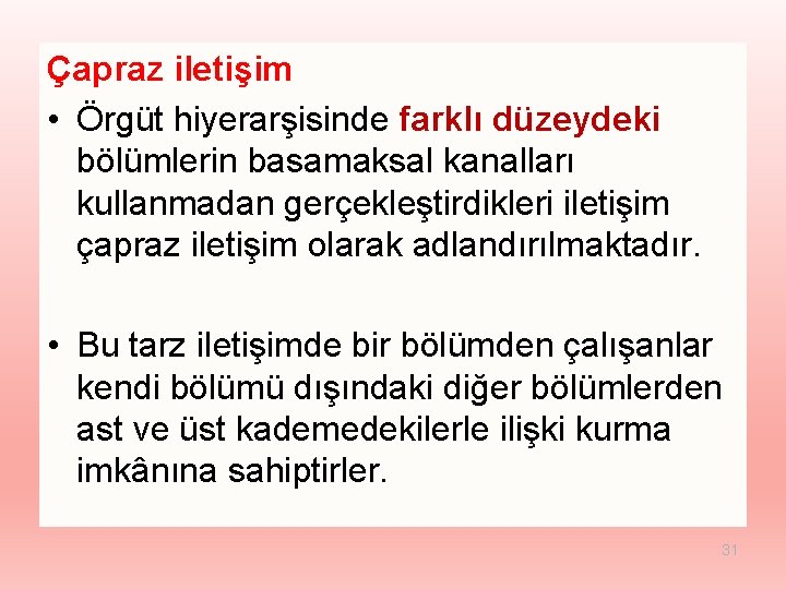 Çapraz iletişim • Örgüt hiyerarşisinde farklı düzeydeki bölümlerin basamaksal kanalları kullanmadan gerçekleştirdikleri iletişim çapraz