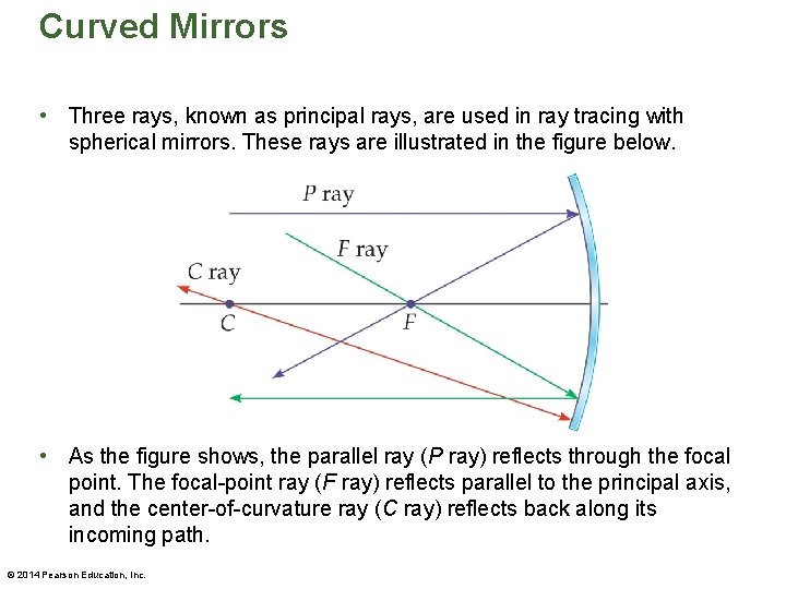 Curved Mirrors • Three rays, known as principal rays, are used in ray tracing