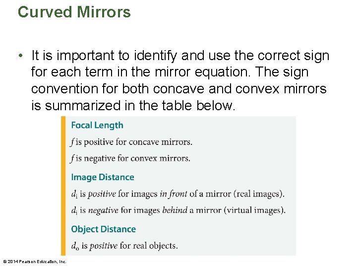 Curved Mirrors • It is important to identify and use the correct sign for