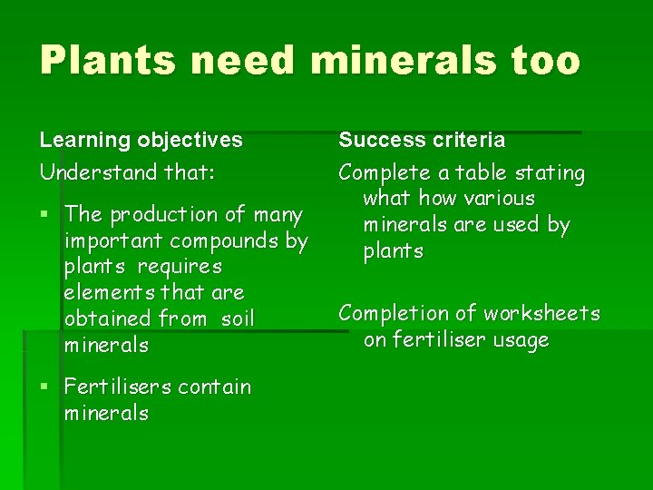 Plants need minerals too Learning objectives Understand that: § The production of many important