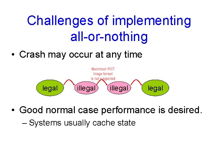 Challenges of implementing all-or-nothing • Crash may occur at any time legal illegal •