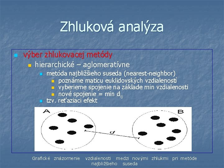 Zhluková analýza n výber zhlukovacej metódy n hierarchické – aglomeratívne n n metóda najbližšieho