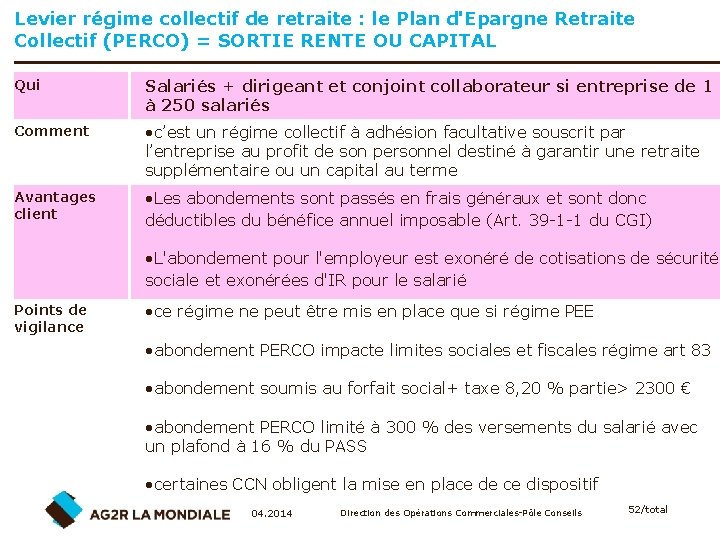 Levier régime collectif de retraite : le Plan d'Epargne Retraite Collectif (PERCO) = SORTIE