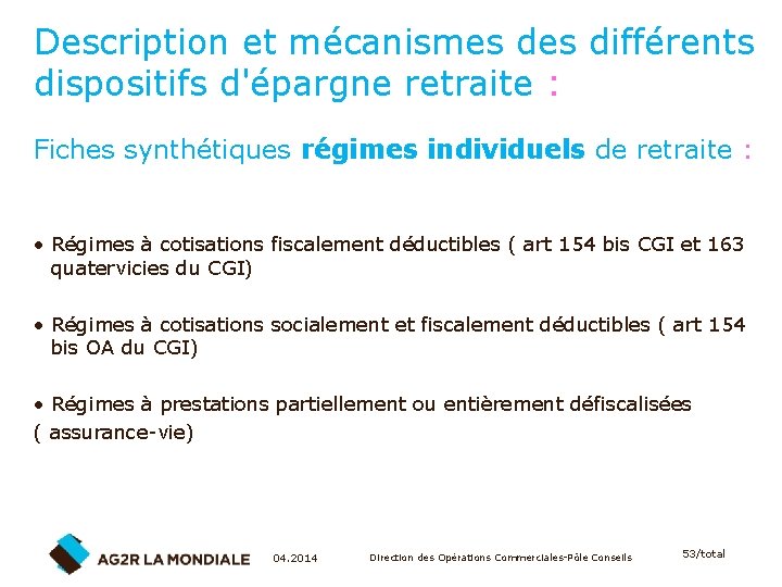 Description et mécanismes différents dispositifs d'épargne retraite : Fiches synthétiques régimes individuels de retraite