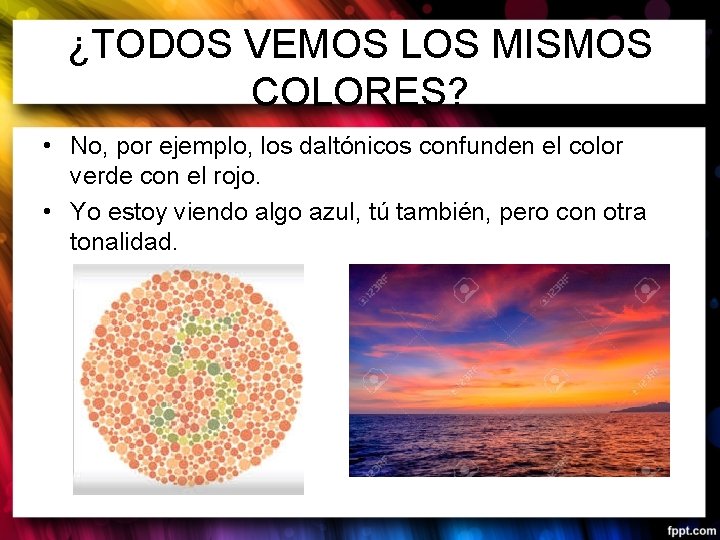 ¿TODOS VEMOS LOS MISMOS COLORES? • No, por ejemplo, los daltónicos confunden el color