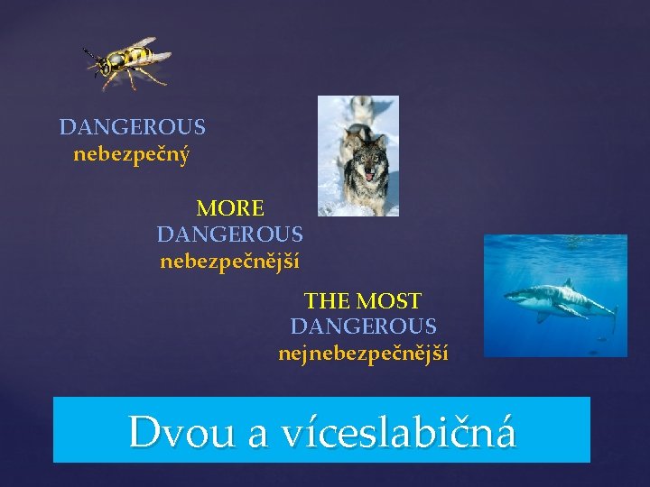 DANGEROUS nebezpečný MORE DANGEROUS nebezpečnější THE MOST DANGEROUS nejnebezpečnější Dvou a víceslabičná 