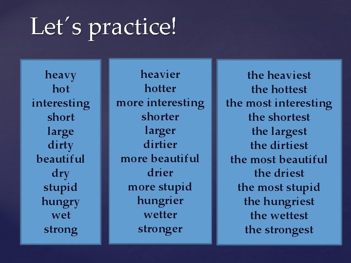 Let´s practice! heavy hot interesting short large dirty beautiful dry stupid hungry wet strong