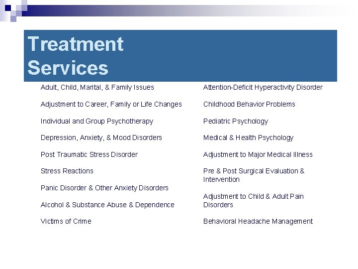 Treatment Services Adult, Child, Marital, & Family Issues Attention-Deficit Hyperactivity Disorder Adjustment to Career,