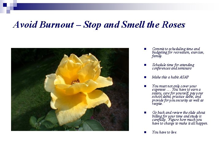Avoid Burnout – Stop and Smell the Roses n Commit to scheduling time and