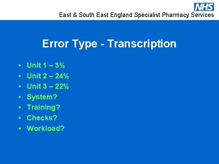 East & South East England Specialist Pharmacy Services Error Type - Transcription • •