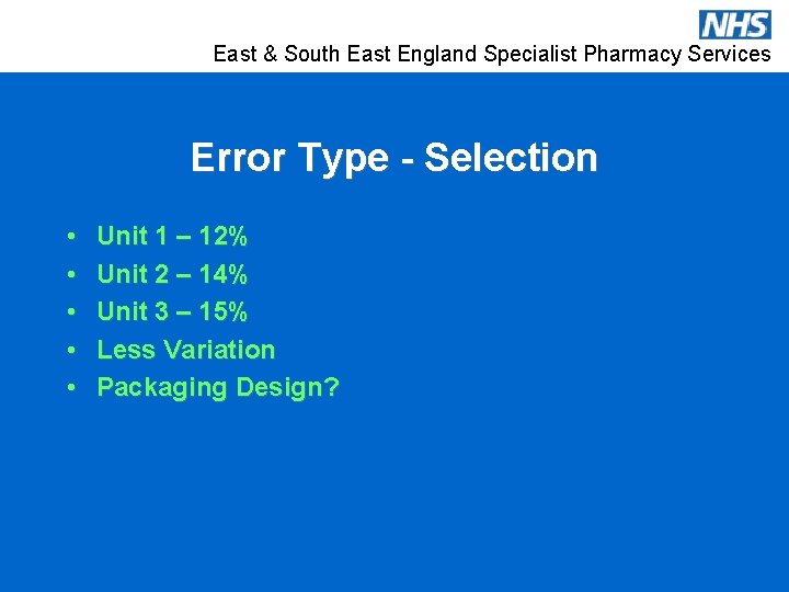 East & South East England Specialist Pharmacy Services Error Type - Selection • •