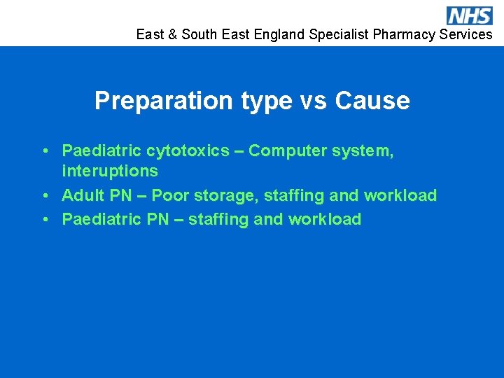 East & South East England Specialist Pharmacy Services Preparation type vs Cause • Paediatric