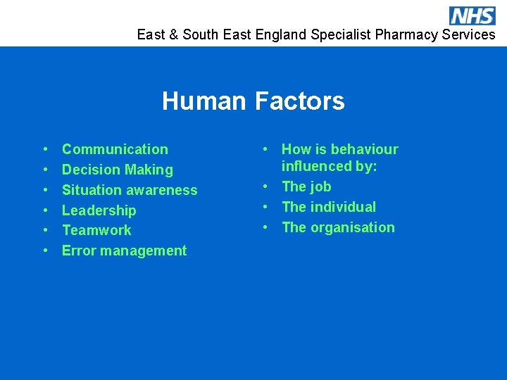 East & South East England Specialist Pharmacy Services Human Factors • • • Communication