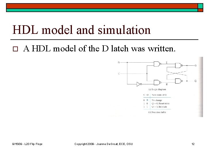 HDL model and simulation o A HDL model of the D latch was written. HDL model and simulation o A HDL model of the D latch was written.