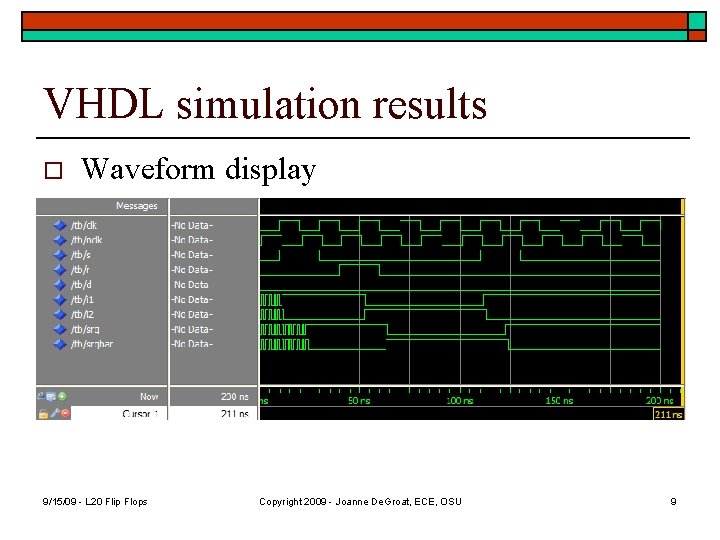 VHDL simulation results o Waveform display 9/15/09 - L 20 Flip Flops Copyright 2009