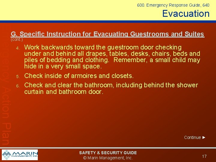 600. Emergency Response Guide, 640 Evacuation Emergency Action Plan G. Specific Instruction for Evacuating 600. Emergency Response Guide, 640 Evacuation Emergency Action Plan G. Specific Instruction for Evacuating
