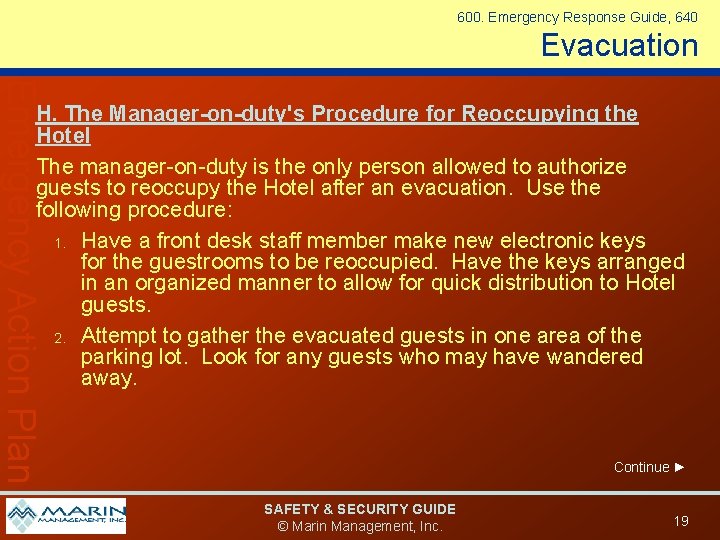 600. Emergency Response Guide, 640 Evacuation Emergency Action Plan H. The Manager-on-duty's Procedure for