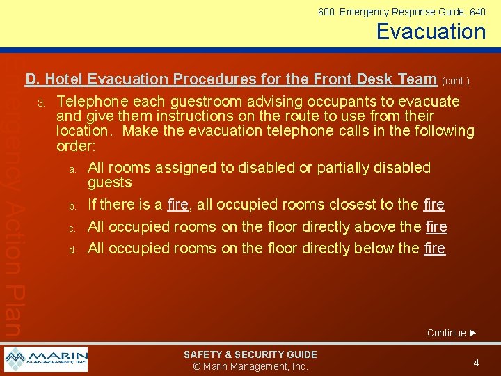 600. Emergency Response Guide, 640 Evacuation Emergency Action Plan D. Hotel Evacuation Procedures for