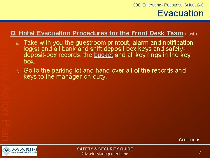 600. Emergency Response Guide, 640 Evacuation Emergency Action Plan D. Hotel Evacuation Procedures for