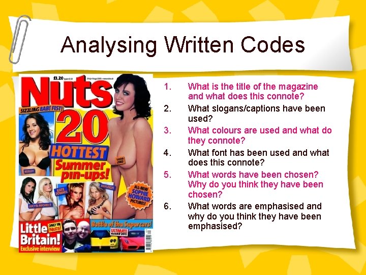 Analysing Written Codes 1. 2. 3. 4. 5. 6. What is the title of