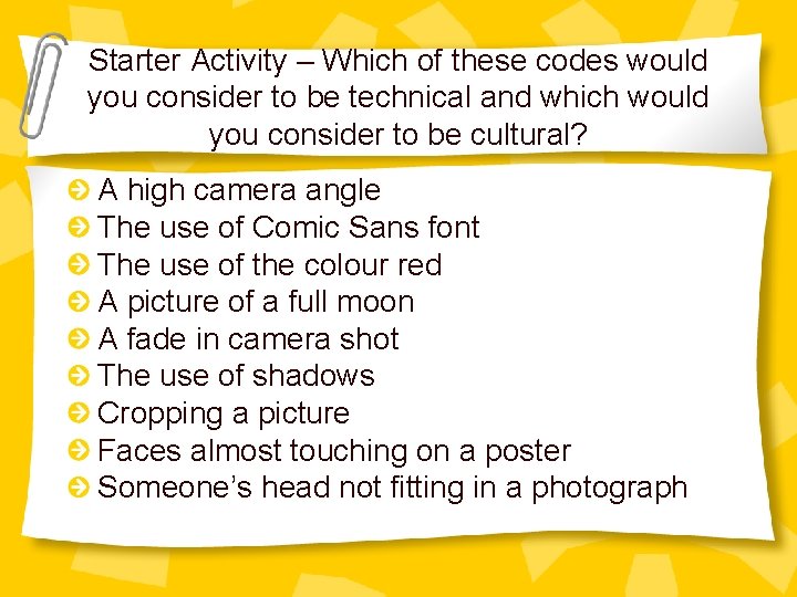 Starter Activity – Which of these codes would you consider to be technical and