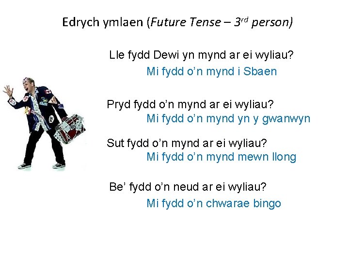 Edrych ymlaen (Future Tense – 3 rd person) Lle fydd Dewi yn mynd ar