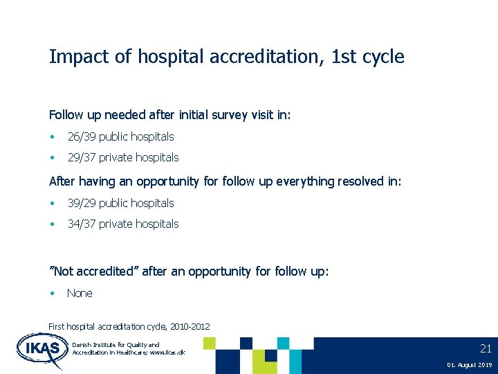 Impact of hospital accreditation, 1 st cycle Follow up needed after initial survey visit