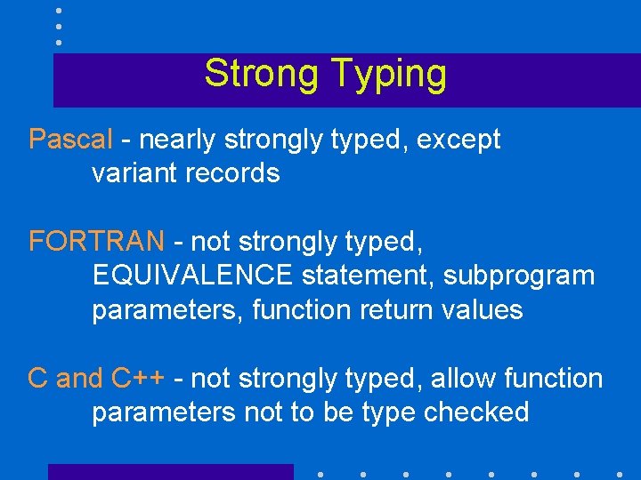 Strong Typing Pascal - nearly strongly typed, except variant records FORTRAN - not strongly
