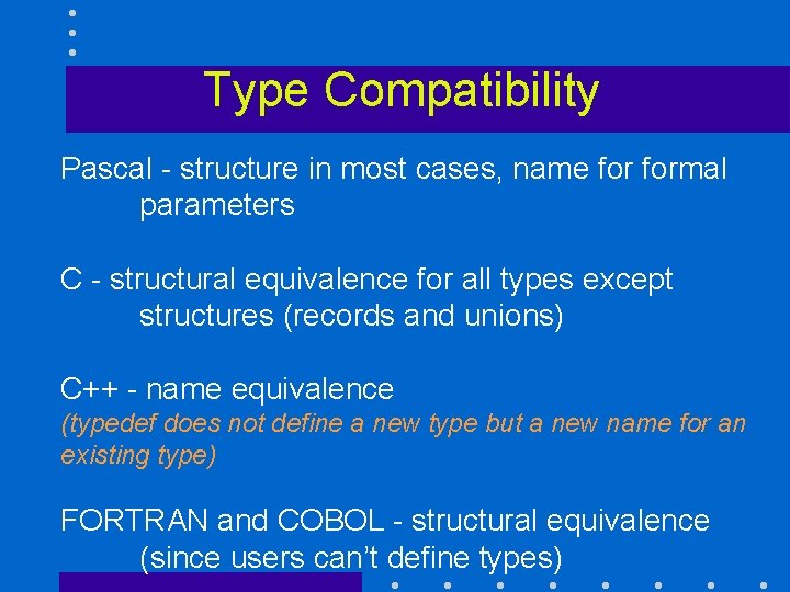 Type Compatibility Pascal - structure in most cases, name formal parameters C - structural